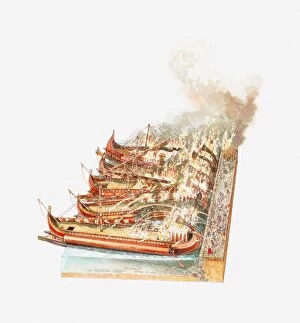Illustration of Julius Caesar setting fire to Egyptian ships moored in the Great Harbour, Alexandria
