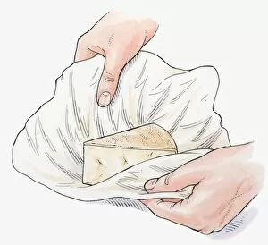 Images Dated 1st October 2009: Illustration of keeping hard cheese moist by wrapping in muslin