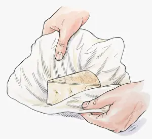 Cheese Prints: Illustration of keeping hard cheese moist by wrapping in muslin