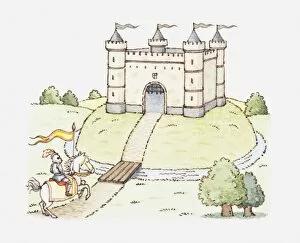 Illustration of a knight riding towards a castle