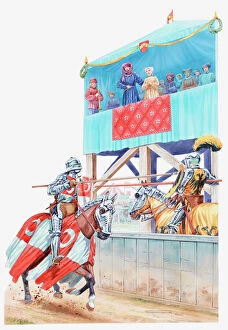 Medieval Gallery: Illustration of two knights competing in a medieval jousting tournament