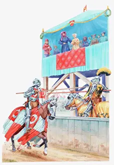 Competition Prints: Illustration of two knights competing in a medieval jousting tournament