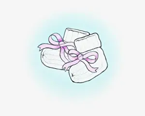 Ribbon Sewing Item Prints: Illustration of knitted white wool booties tied with pink ribbon bows