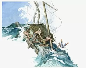 On The Move Gallery: Illustration of Kon-Tiki crew gripping raft as huge wave from storm threatens to submerge them in water as man falls into sea