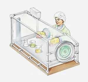 Illustration of laboratory worker handling radioactive materials through holes in a glass tank