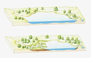 Sequential Series Prints: Illustration of a lake being filled with sediment deposited by rivers