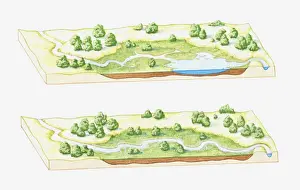Sequential Series Prints: Illustration of a lake being filled with sediment deposited by rivers
