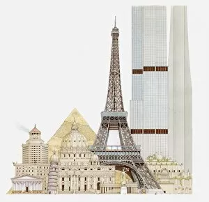 Illustration of landmark buildings, Eiffel Tower, Leaning Tower, St Peters Basilica, Pyramids, Temple of Artemis
