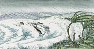 Windy Gallery: Illustration of large waves covering shipwreck off coastline during hurrucane
