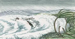 Loss Prints: Illustration of large waves covering shipwreck off coastline during hurrucane