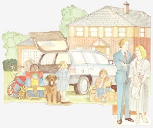 Images Dated 4th July 2011: Illustration of late 20th century family outside house with two children, dog and car