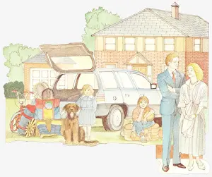Late Prints: Illustration of late 20th century family outside house with two children, dog and car