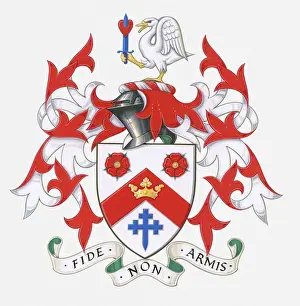 Illustration of Latin Script Fide non Armis (By Faith, Not By Force of Arms) on English coat of arms