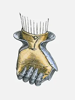 Glove Prints: Illustration of leather gloved hand wearing gauntlet plates