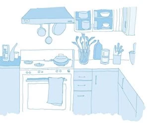 Illustration in light blue, kitchen arranged around right angle, including cooker with oven