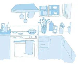 Storage Compartment Prints: Illustration in light blue, kitchen arranged around right angle