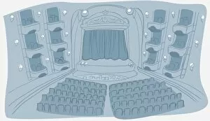 Illustration in light blue, theatre, indoor view of auditorium including stalls and boxes