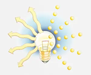 Electricity Prints: Illustration of light bulb creating light in a stream of tiny photons acting as waves and particles