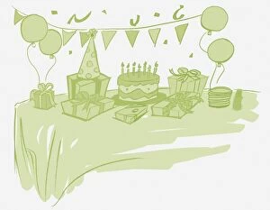 Illustration in light green, table decorated for birthday party with wrapped presents, pointy hat, cake, candles