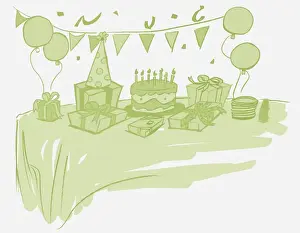 Balloons Prints: Illustration in light green, table decorated for birthday party with wrapped presents
