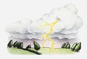 Illustration of lightning over rural landscape