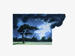 Thunderstorm Prints: Illustration of lightning strike during thunderstorm in countryside