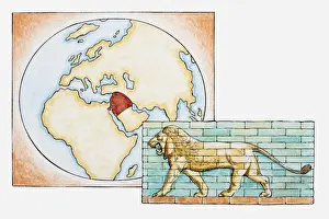 Babil Prints: Illustration of lion in front of map highlighting territory of ancient Babylon
