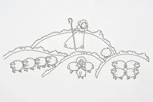 Books Prints: Illustration, Little Bo Peep, carrying a crook and looking for her sheep in amongst clouds