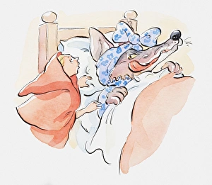 Visit Collection: Illustration of Little Red Riding Hood standing by the wolfs bedside