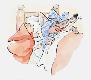 Lying On Back Prints: Illustration of Little Red Riding Hood standing by the wolfs bedside