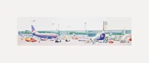 Unloading Prints: Illustration of loading and unloading commercial aircraft at airport