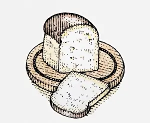 Chopping Board Prints: Illustration of loaf of whole wheat loaf and slice on wooden chopiing board