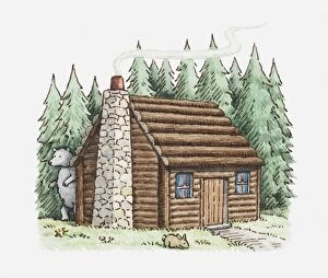 Illustration of log cabin with a bear emerging form the woods and rabbit on the front lawn