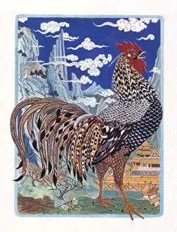 Astrology Prints: Illustration of Lonely Rooster, representing Chinese Year Of The Rooster