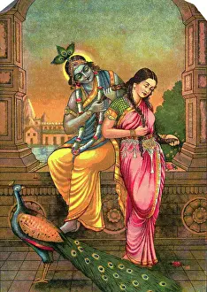 Mumbai Prints: Illustration of Lord Krishna Braiding Hair of His Radha