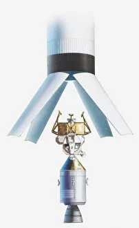 Illustration of lunar module attached to command module, bottom of rocket opened