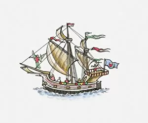 Illustration of Magellans carrack sailing ship Victoria
