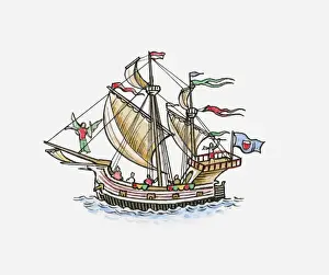 Victoria Prints: Illustration of Magellans carrack sailing ship Victoria