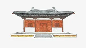 Traditionally Chinese Prints: Illustration of the main hall, Nanchan Temple, Shaanxi, China, 8th century