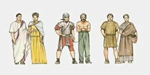 Illustration of male and female patricians, soldier and slave, and male and female plebeians