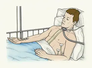 Lying Down Prints: Illustration of male patient lying in bed connected to IV drip