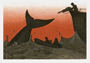 Images Dated 22nd March 2011: Illustration of man aiming harpoon at whale in sea next to people in small boat set against a