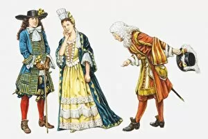Illustration of man bowing to 17th century Stuart nobleman and woman
