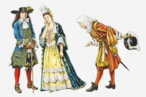 Mid Adult Prints: Illustration of man bowing to 17th century Stuart nobleman and woman