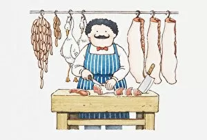 Images Dated 4th January 2011: Illustration of a man in butchers shop chopping meat