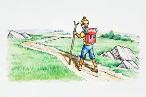 Images Dated 7th March 2008: Illustration of man carrying backpack hiking on dirt road winding through countryside