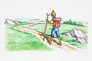Images Dated 7th March 2008: Illustration of man carrying backpack hiking on dirt road winding through countryside