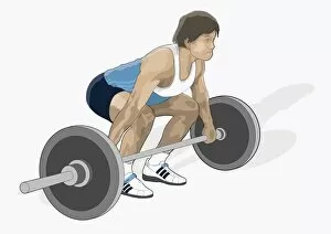 Illustration of man crouching preparing to lift heavy weights