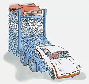 Images Dated 6th November 2009: Illustration of man driving car off car transporter