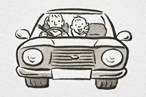 Engine Gallery: Illustration, man driving car with smiling boy in the back seat, front view